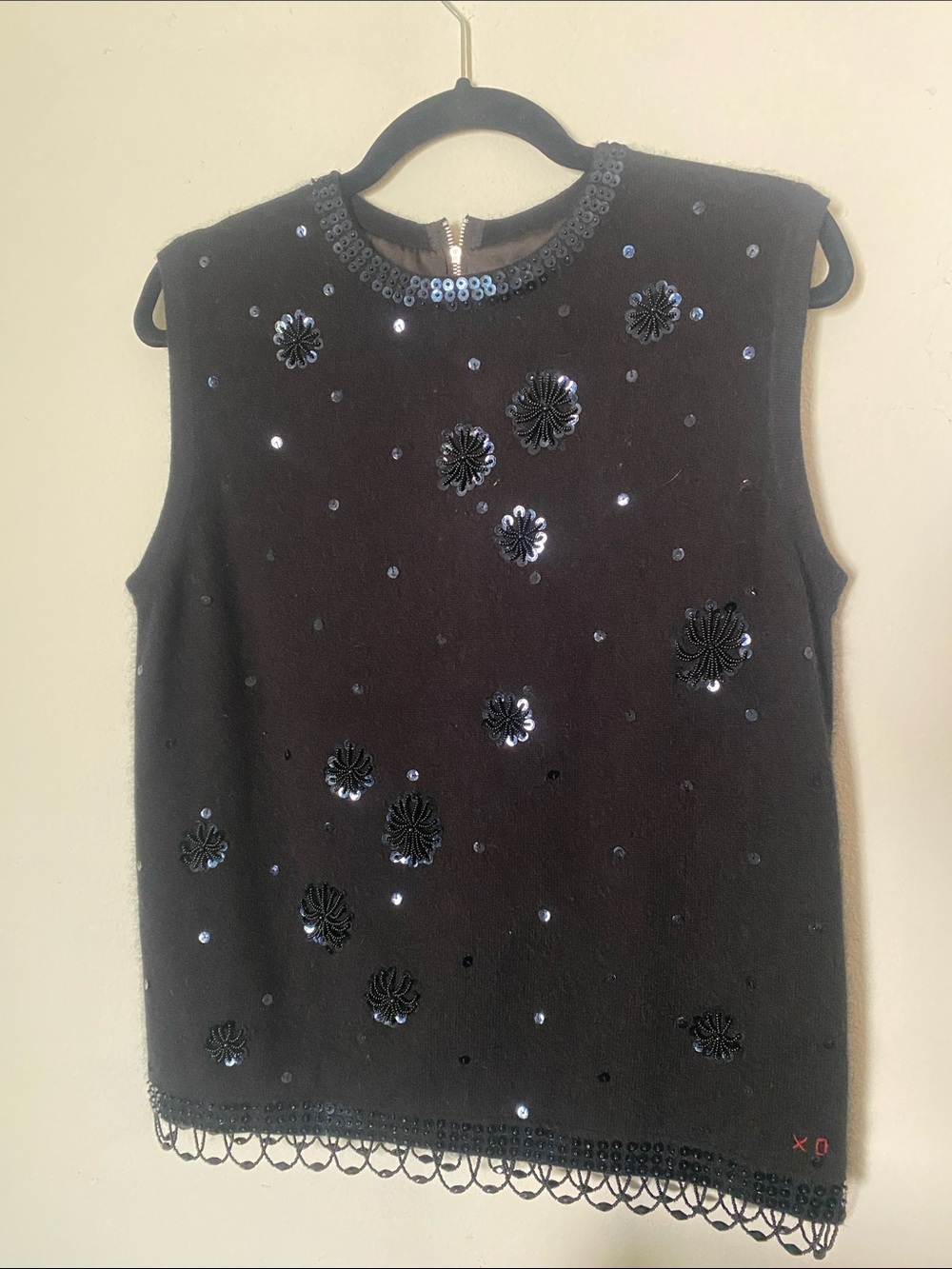Frances Valentine Black Beaded Floral Sleeveless Sweater Shell